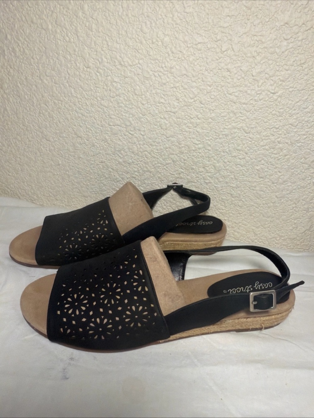 easy street Black Laser-Cut Slingback Sandals with Tan Footbed